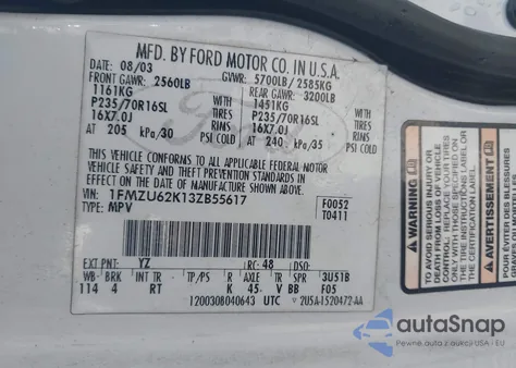 2003 Ford Explorer Xls из США, поврежденный, VIN 1FMZU62K13ZB55617